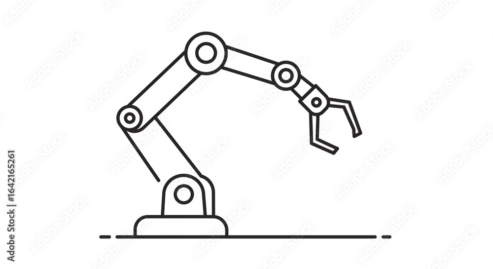 Poster a simple line drawing of a robotic arm with a gripper on a white background with a horizon line