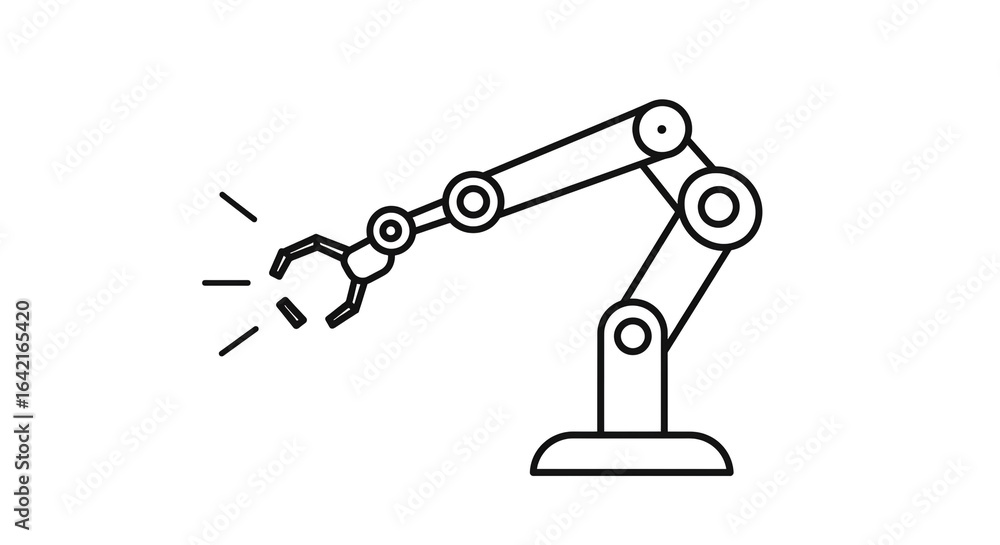 Poster a simple line drawing of a robotic arm with a claw reaching for a small object on a white background