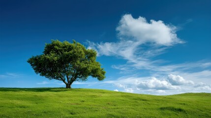 Fototapeta premium Lone Tree Standing on Green Hill with Blue Sky and Clouds - Landscape Scenery Photography