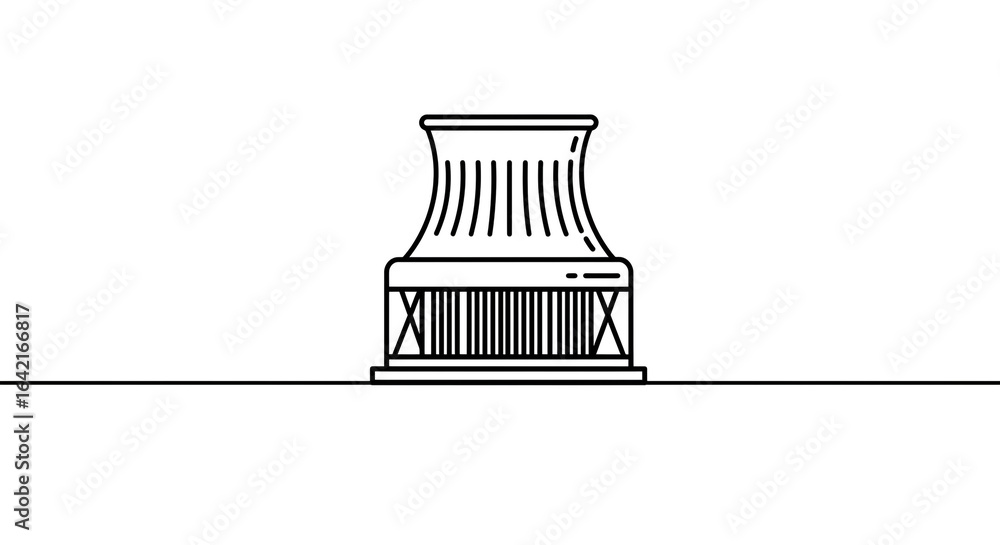 Poster a line drawing of a cooling tower with vertical lines and x shaped supports on a white background