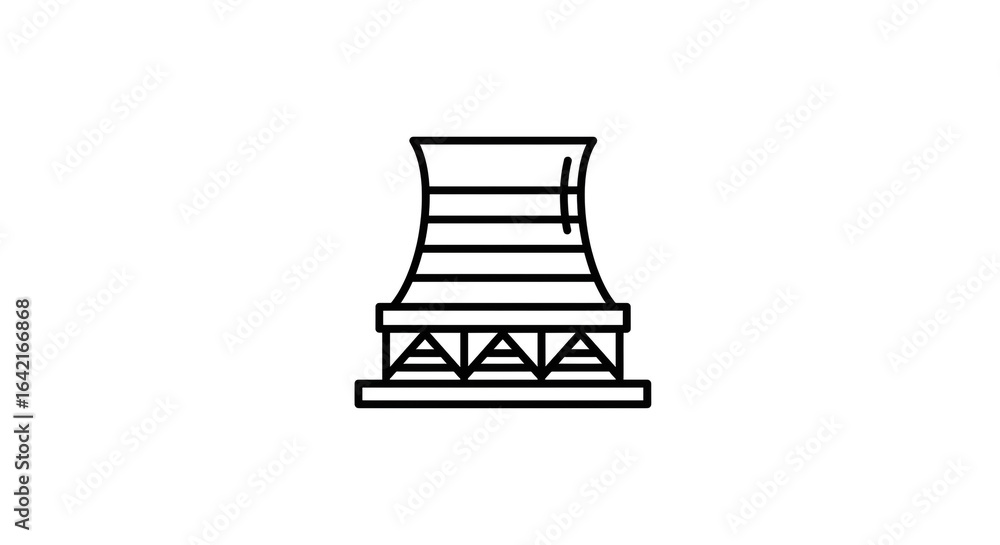 Poster a simple line drawing of a cooling tower with horizontal lines and a triangular support structure be