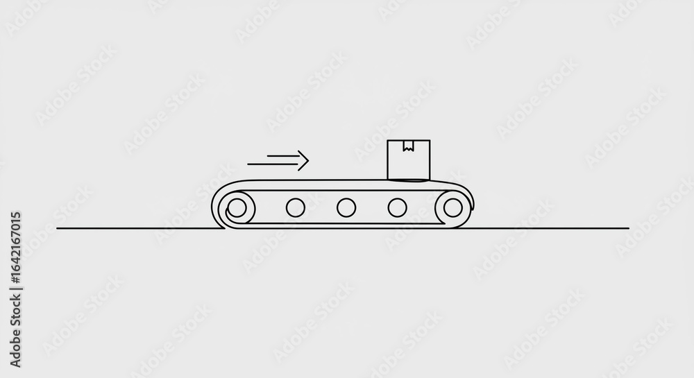 Aufkleber a simple line drawing of a conveyor belt with a box and an arrow on a light gray background plane