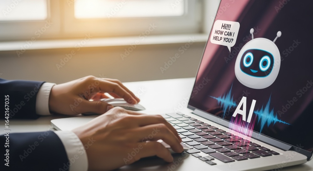 Poster ai chatbot assistant on laptop screen displayed by man's hands in office setting