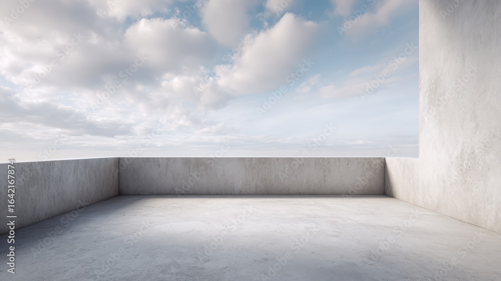 Aufkleber minimalist architecture concrete balcony under cloudy sky: empty space for product placement or back