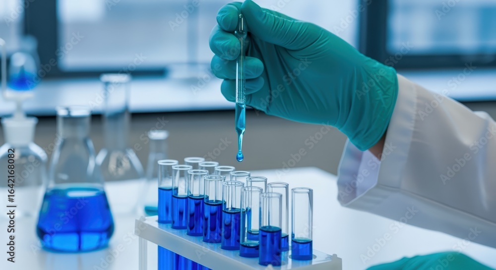 Poster close-up of scientist adding blue liquid to test tubes in a laboratory setting for research