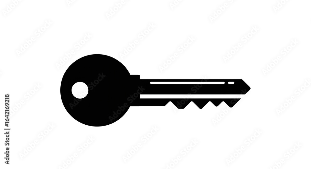 Poster a simple black key with a round head and jagged edge on a white background in a minimalist style art