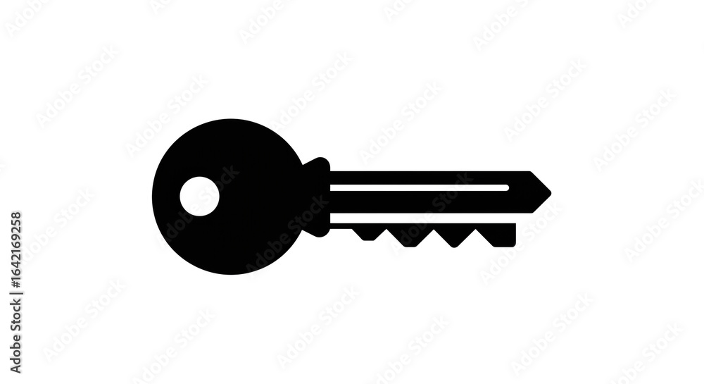 Aufkleber a simple black key with a circular head and jagged edge lying horizontally on a white background