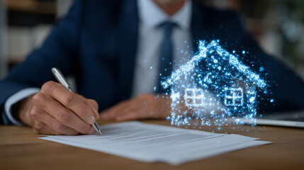Professional workspace with person signing papers, augmented reality house graphic glowing softly above desk, symbolizing secure digital real estate transaction in contemporary env