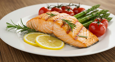 Grilled Salmon with Lemon Slices, Fresh Herbs, and Roasted Vegetables on a Rustic Wooden Table