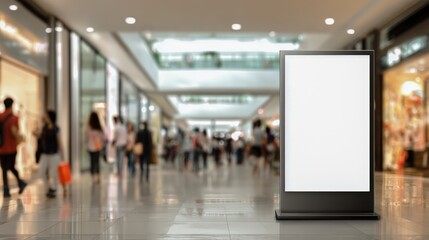 Obraz premium Blank Billboard Mockup in Shopping Mall with Blurred Shoppers Background for Advertising Display