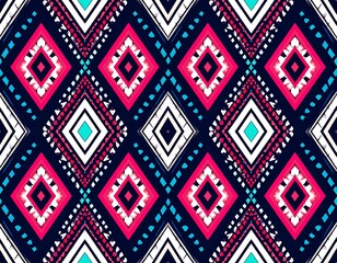 Bold, vibrant, geometric pattern with repeating diamond shapes in a dark background