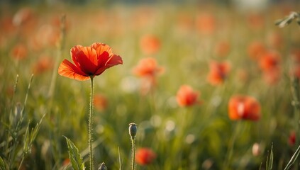 Fototapeta premium Red Poppy: A Glowing Bloom in the Meadow