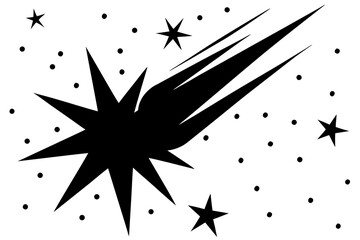 Fototapeta premium Black Silhouette of a Shooting Star with a Trail and Scattered Dots on White comet meteor