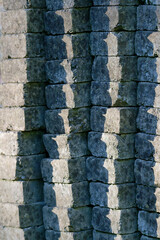 Sunlit road tiles laid in four neat vertical rows on pavement