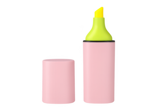 Pink highlighter pen with cap open on transparent background
