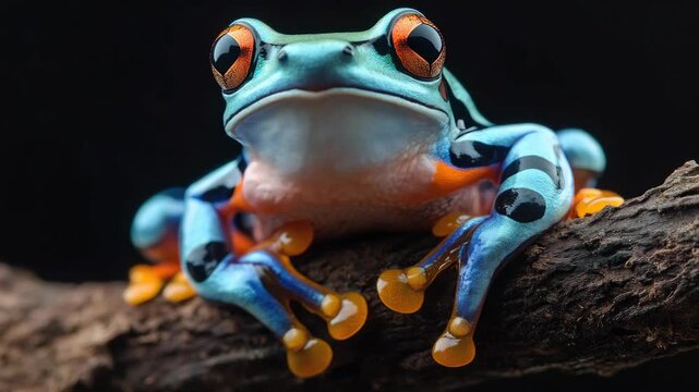 Vivid poison dart frog with distinctive red stripe down face and chest. ed in studio against dark background, isolated on log branch.