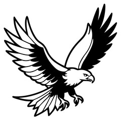 Obraz premium Black and white illustration of an eagle in flight with wings spread wide Keywords: eagle, bird, raptor, predator, flying, flight, wings, spread, open, black, white, illustration, drawing, graphic