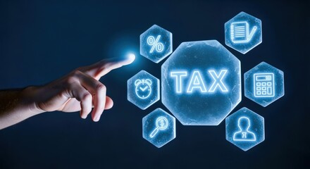 Tax Compliance Concept: Hand Touching Tax Icon with Business Symbols in a Digital Interface