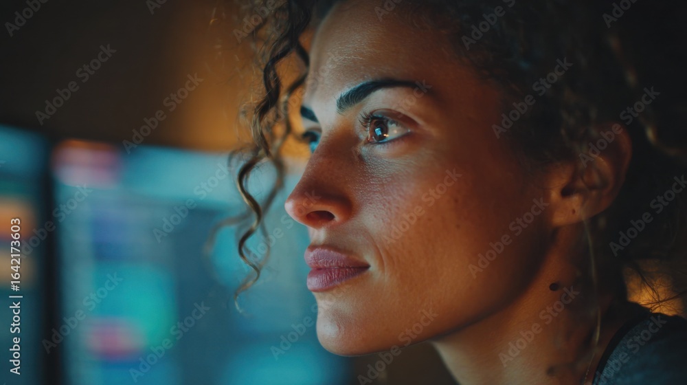 Poster medium shot capturing a persons focused face as they monitor ai subtitle generator output on a monit