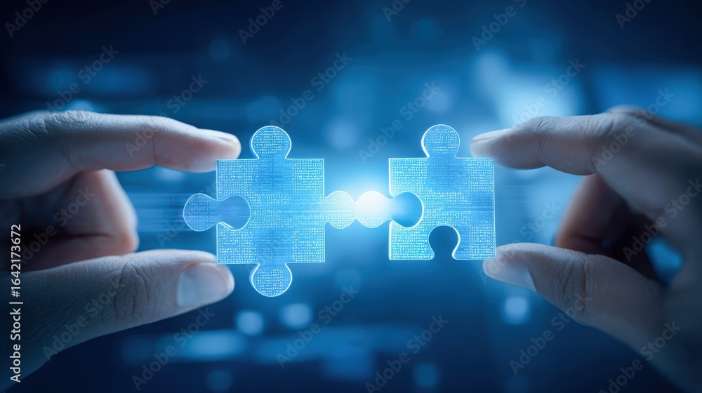 Poster connecting puzzle pieces: hands joining abstract jigsaw pieces for collaboration and problem solving