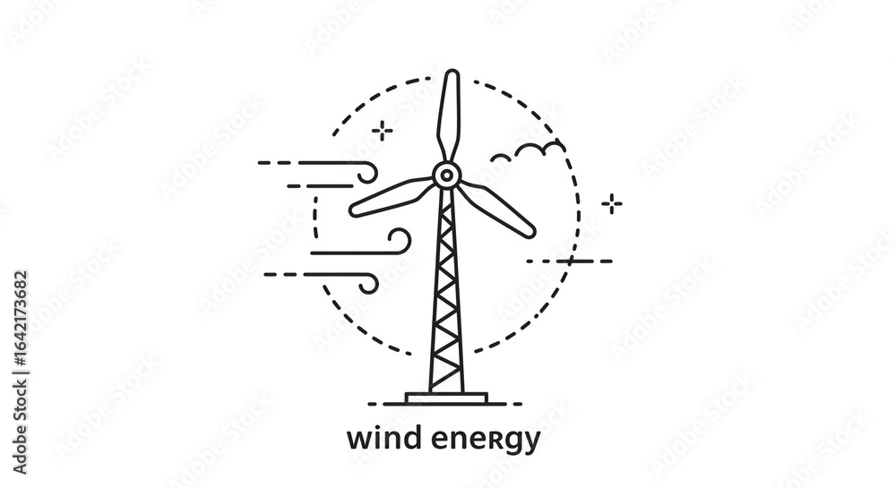 Poster a wind turbine illustration with a circular dashed line and wind lines on a white background design 