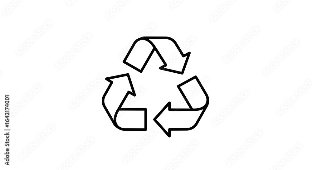 Poster a simple black outline of the universal recycling symbol centered on a plain white background space