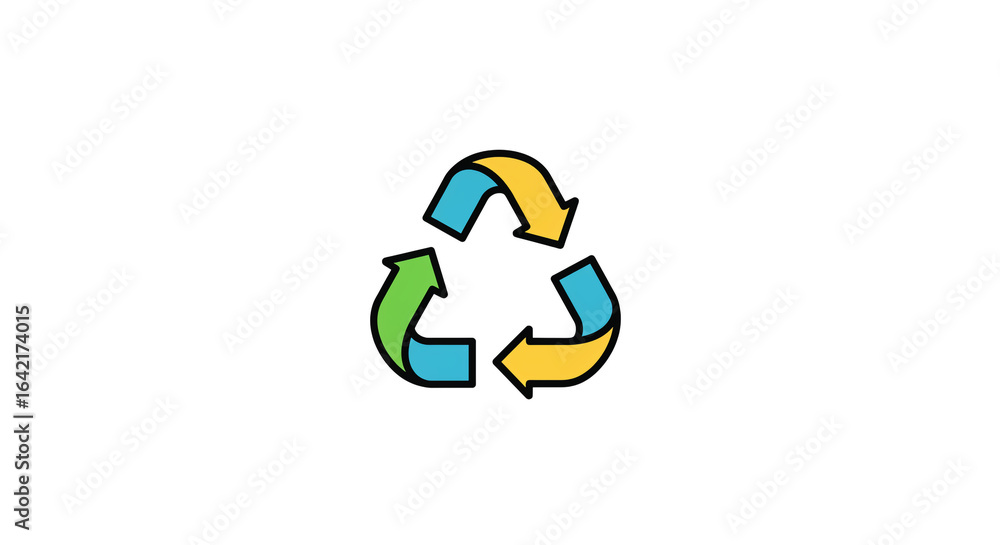 Poster a colorful recycle symbol with green blue and yellow arrows on a plain white background in a simple 
