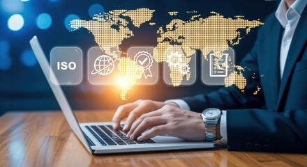 Business Professional Implementing Global Quality Standards with Laptop and World Map Overlay for International Operations