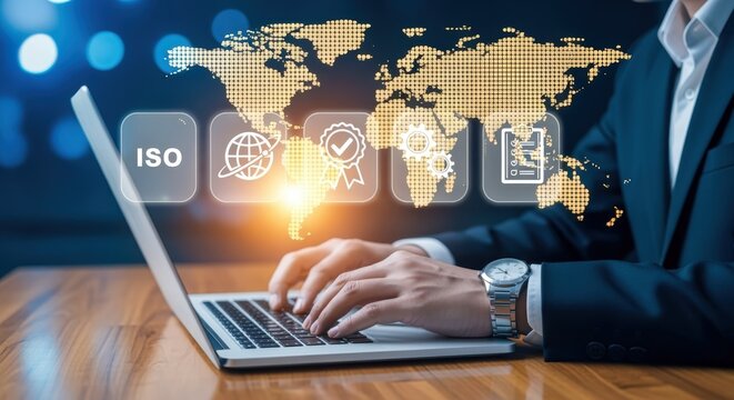 Business Professional Implementing Global Quality Standards with Laptop and World Map Overlay for International Operations