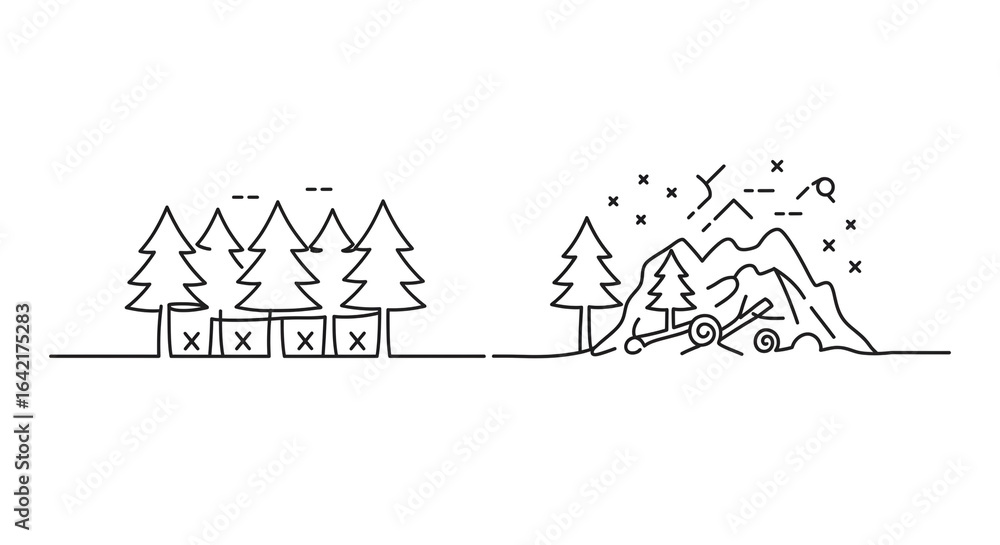Poster a minimalist line drawing of a forest with marked trees and a mountain landscape with fallen logs an