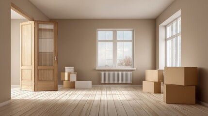 Obraz premium Bright, Empty Room with Moving Boxes and Sunlight, Symbolizing New Beginnings and Relocation
