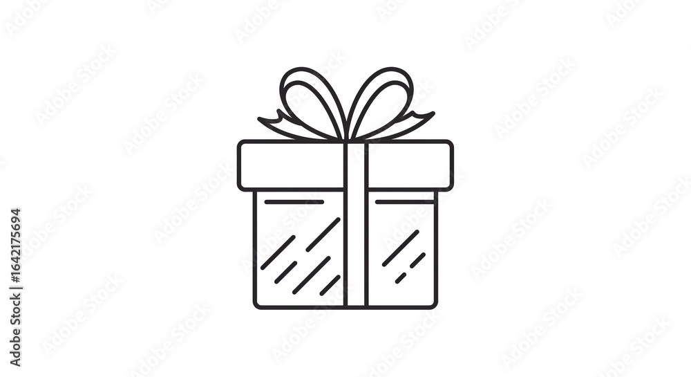Poster a simple line drawing of a gift box with a bow on top, isolated on a white background in a vector st