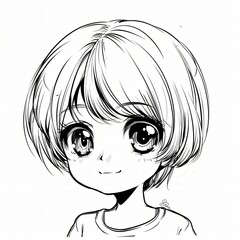 Young girl with short hair, cute cartoon style, cheerful expression, ideal for children's book illustrations or playful themes.
