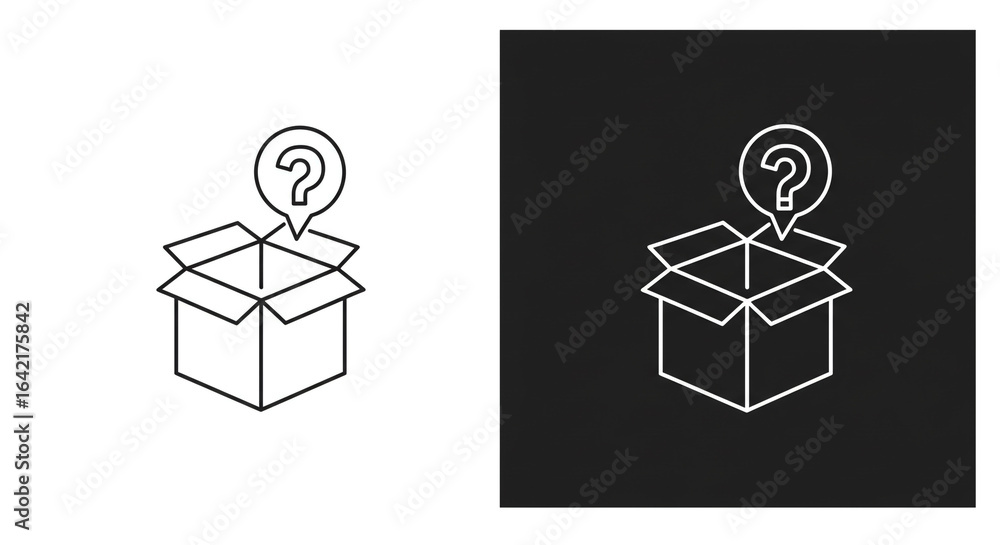 Poster open box with question mark in speech bubble on white and black background in line art style