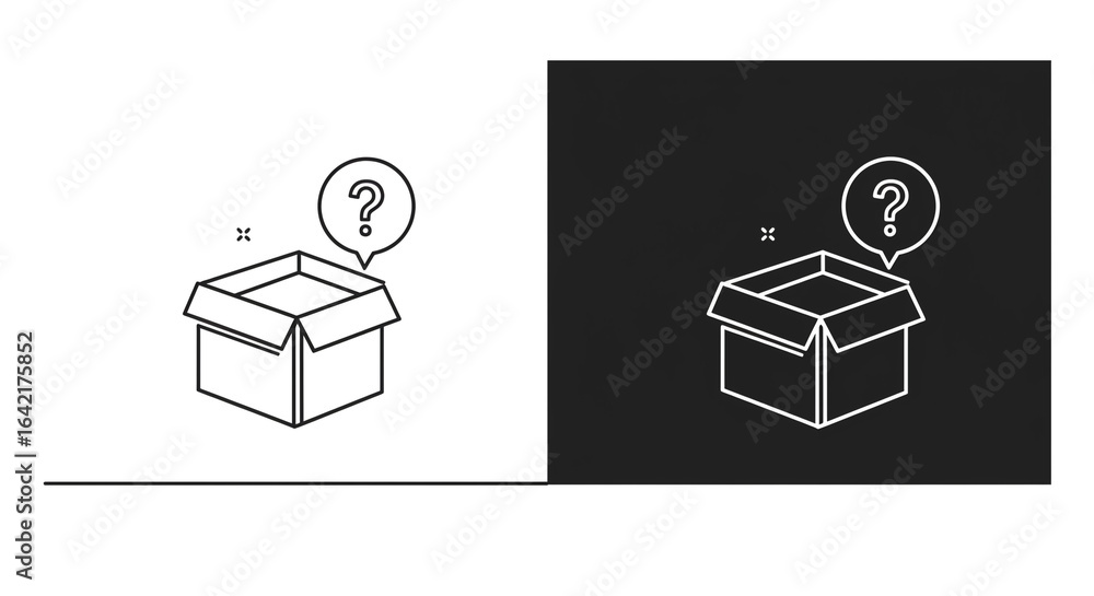 Aufkleber a line drawing of a box with a question mark in a speech bubble on a black and white background
