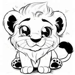 Obraz premium Cute cartoon lion cub, adorable young animal character with big eyes, playful expression, perfect for children's themes.