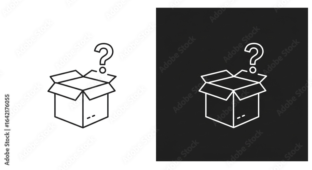 Poster a minimalist illustration showing an open box with a question mark above it on black and white backg