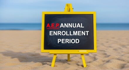 Annual Enrollment Period Message on Chalkboard Displayed on Sandy Beach for Marketing and Promotional Material