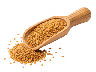 Fenugreek seeds in wooden scoop isolated on transparent background