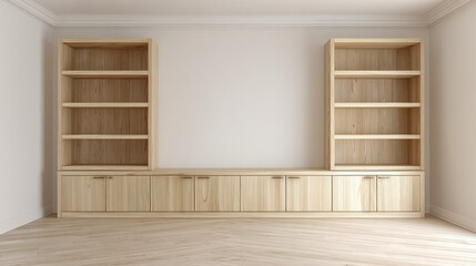 Fototapeta premium Custom Wood Built-In Shelving Unit with Cabinets and Natural Finish in Modern Minimalist Interior