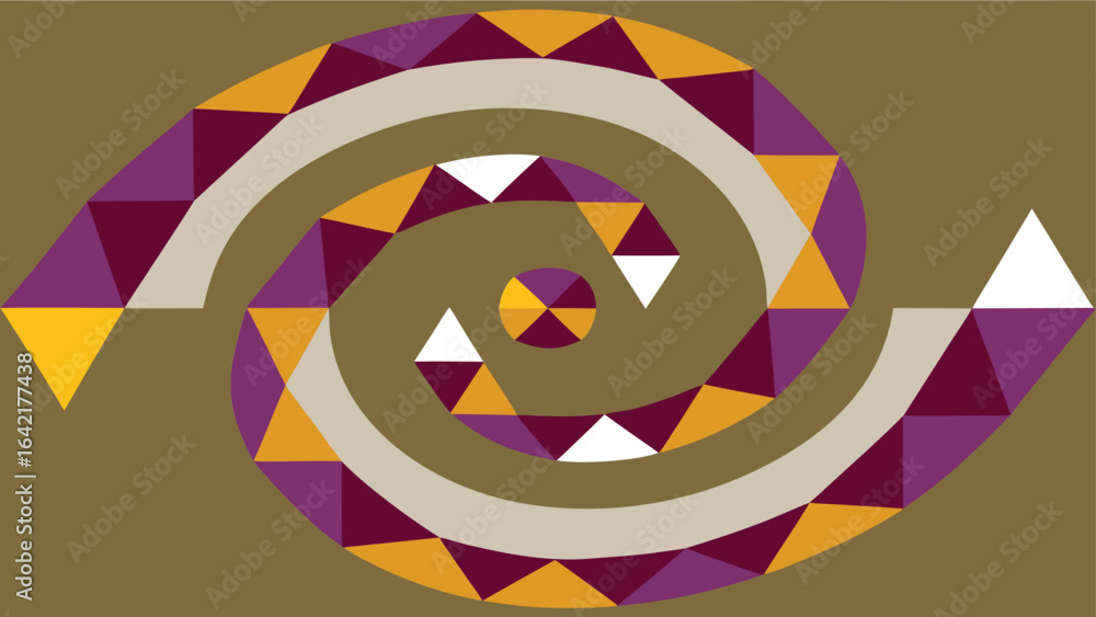 Poster abstract geometric design with spiraling shape composed of colorful triangles on brown background