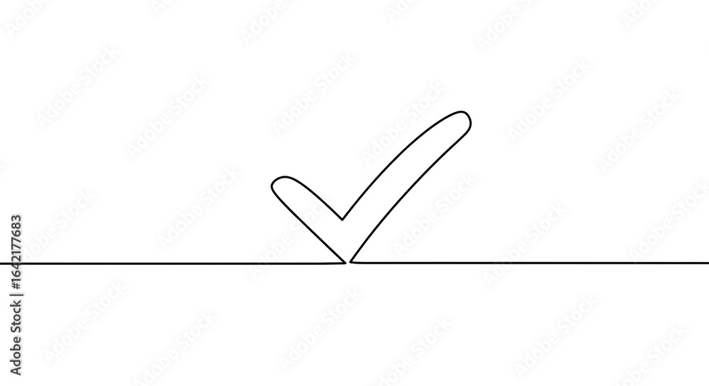 Poster a single line drawing of a check mark intersecting a horizontal line on a white background simple de