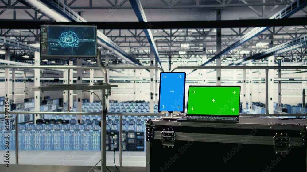 Poster green screen notebook and mockup tablet in industrial data center using artificial intelligence tech