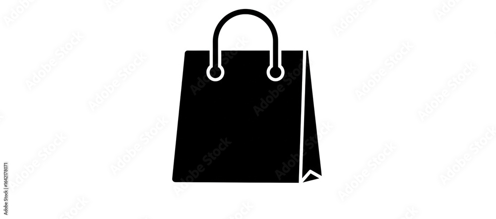 Poster a simple black shopping bag icon with a rounded handle on a white background in a glyph style