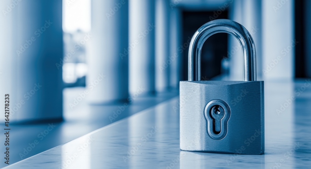 Poster security lock protecting information on marble surface with columns in the background