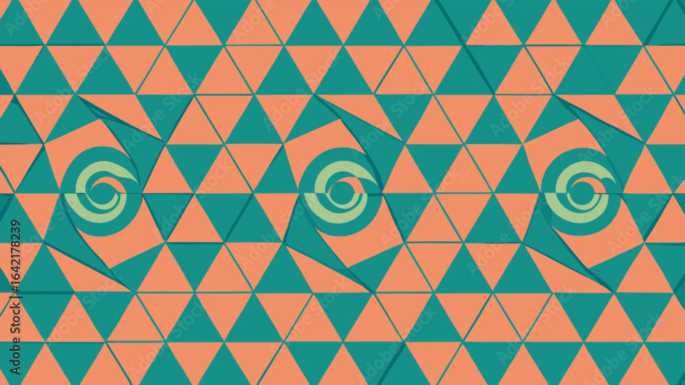 Poster abstract geometric design with swirling elements and repeating triangles in pastel colors