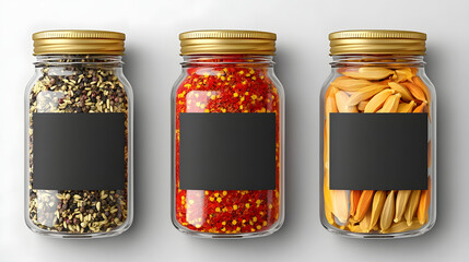 Three small spice jars with minimalist labels are neatly arranged, showcasing variety of colorful spices. jars have gold lids and are set against clean, white background, creating modern