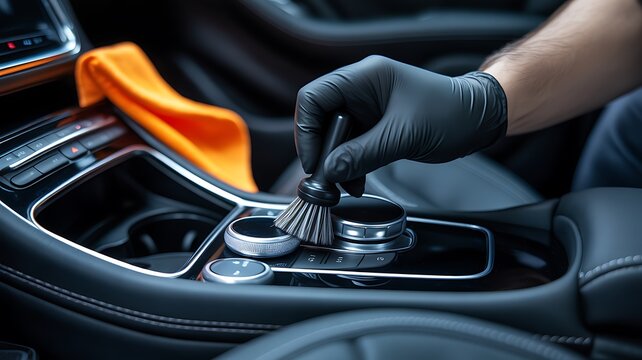 Photo of gloved hand meticulously cleans the cars central console with a detailing brush
