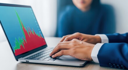 Fototapeta premium Businessman Analyzing Stock Market Data on Laptop, Investment Strategy and Financial Analysis in Office