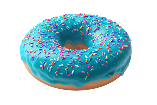 Delicious Teal Frosted Donut with Colorful Sprinkles, Isolated on White Transparent Background